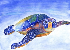 watercolor painting of a green sea turtle with vibrant colors